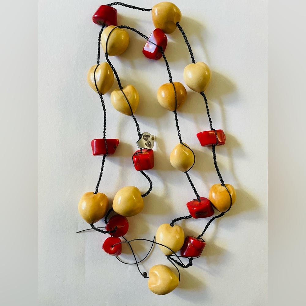 Handcrafted Red Coral and Cream Nut Bead Necklace on silk
